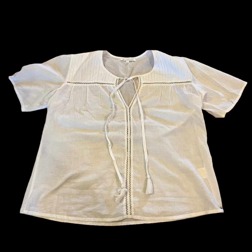 Lemonwood White Boho Blouse Shirt Top Size M tassels lightweight 100% cotton